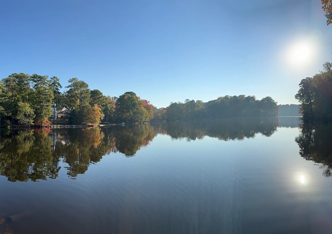 Silver Lake at the Brittany Club — calm morning reflections with autumn trees